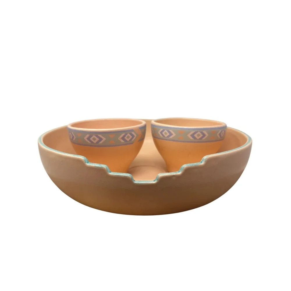 Treasure Craft Southwestern Chip and Dip Set Peach Teal Geometric 3pc Made USA